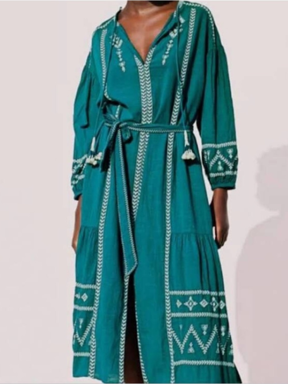 Zara | Women’s Teal/Cream Embroidered Puff Sleeve Tie V-neck Maxi Dress Size S